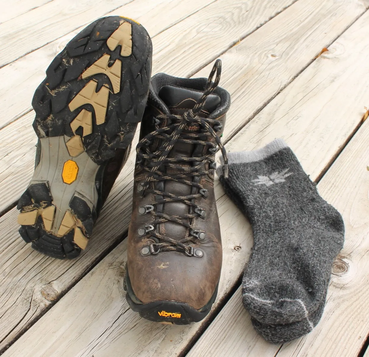 A pair of mountain boots showing the Vibram sole